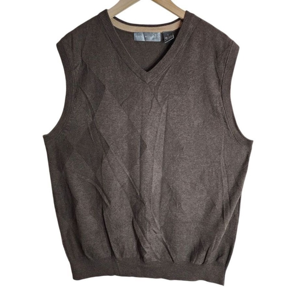 Oscar de la Renta Sweater Vest Mens L Brown Argyle V-Neck 100% Cotton Knit